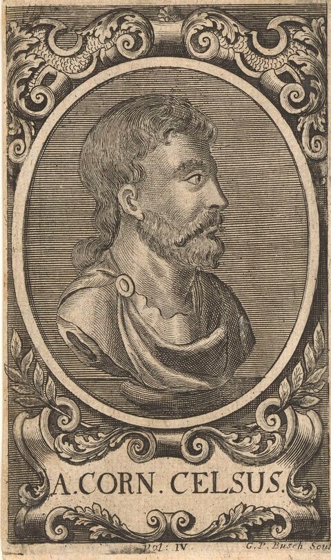 Engraved portrait of Celsus in an ornamental oval frame, lettered A. CORN. CELSUS, by Georg Paul Busch, 1719.